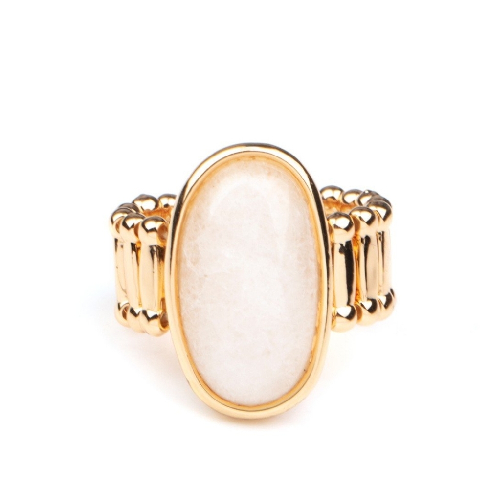 Elegant Gold and White Stone Ring Mystical Mantra - Gold Frame White Oval Stone